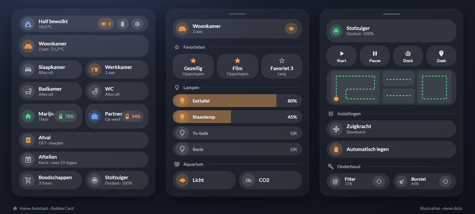 Illustration of my Home Assistant dashboard with demo data: main view, living-room lights and robot vacuum